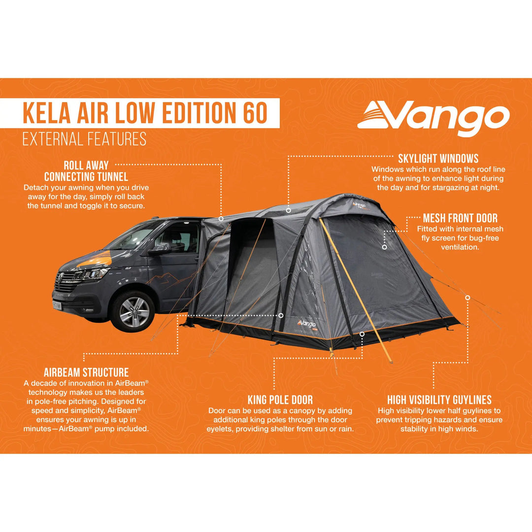 Vango Kela Air Low Edition 60 tent with external features listed on an orange background