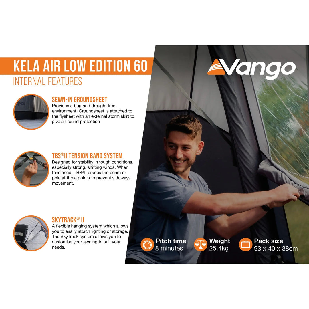 Vango Kela Air Low Edition 60 tent with internal features listed on the left and a person inside the tent on the right.