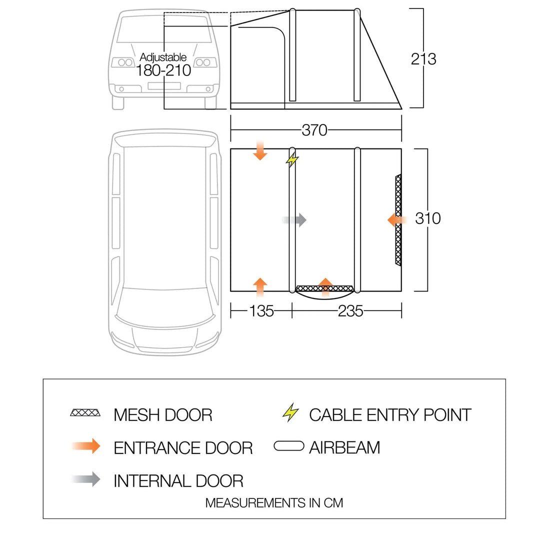 Vango Kela Pro Air Low campervan awning floorplan with dimensions and layout, showing entrance doors, mesh panels, and cable entry points.