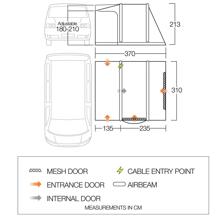 Vango Kela Pro Air Low campervan awning floorplan with dimensions and layout, showing entrance doors, mesh panels, and cable entry points.