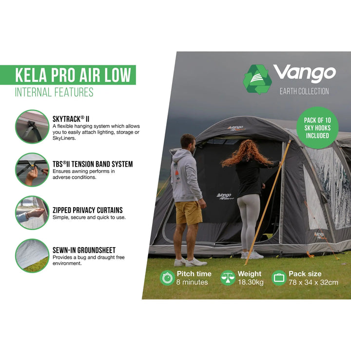 Vango Kela Pro Air Low internal features infographic, detailing SkyTrack II hanging system, TBS®II tension band system, and sewn-in groundsheet.