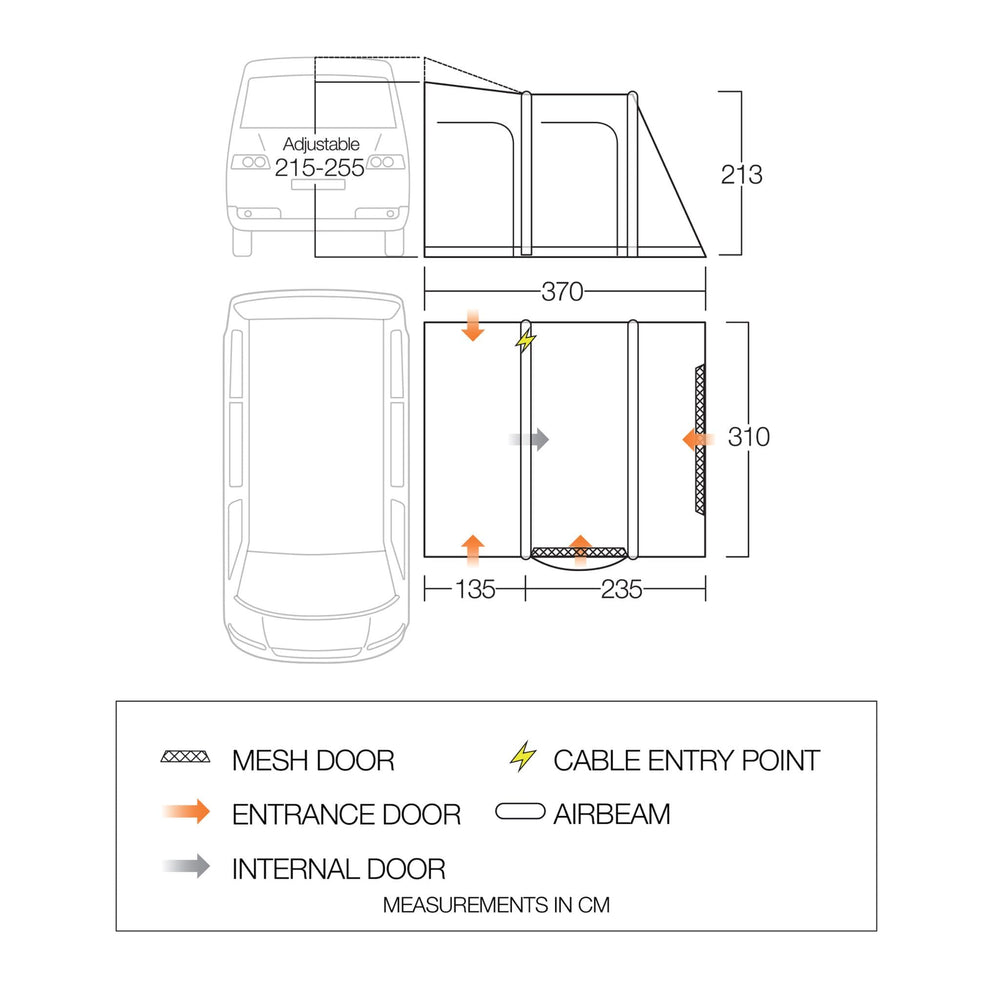 Floorplan diagram of the Vango Kela Pro Air Mid Drive Away Awning, showing dimensions, door placement, and mesh areas for ventilation.