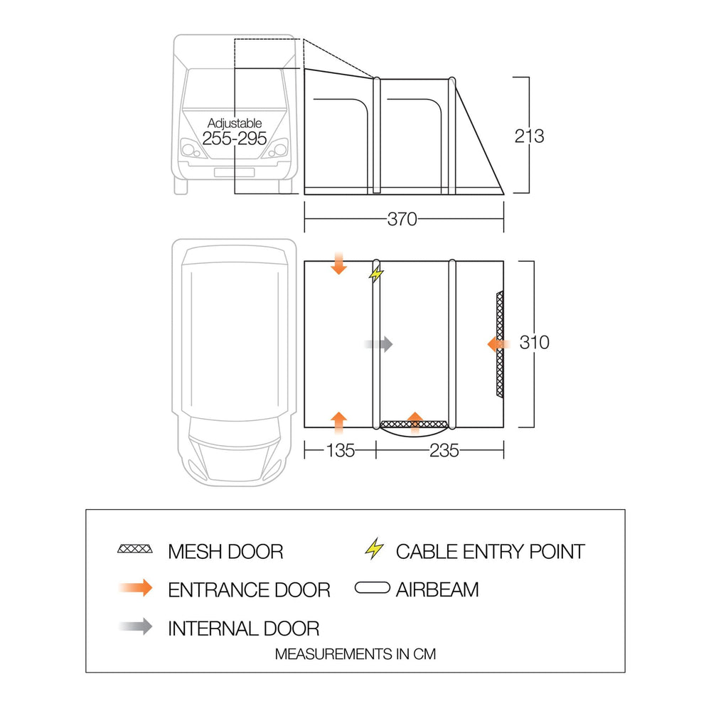 Floorplan of Vango Kela Pro Air Tall Drive Away Awning with dimensions and details, highlighting multiple entrance options and spacious layout.