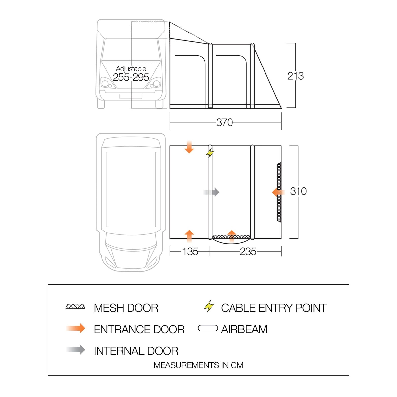 Floorplan of Vango Kela Pro Air Tall Drive Away Awning with dimensions and details, highlighting multiple entrance options and spacious layout.