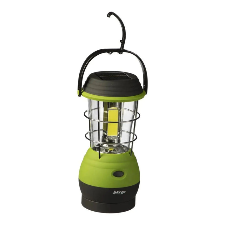 Vango Lunar 250 ECO Rechargeable Lantern in green and black, featuring a solar panel and hanging hook, ideal for eco-friendly camping light solutions.