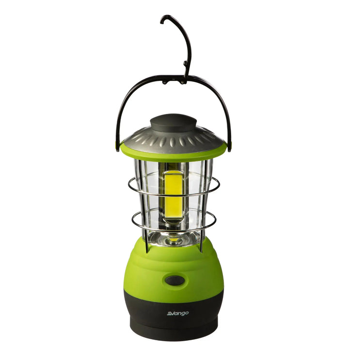 Front view of the Vango Lunar 250 Rechargeable Lantern on a white background, emphasising its eco-friendly features and efficient lighting for camping.