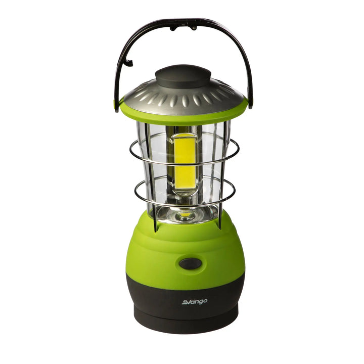 Studio image of the Vango Lunar 250 Rechargeable Lantern, featuring its green and black design with a durable handle, perfect for rechargeable camping light solutions.