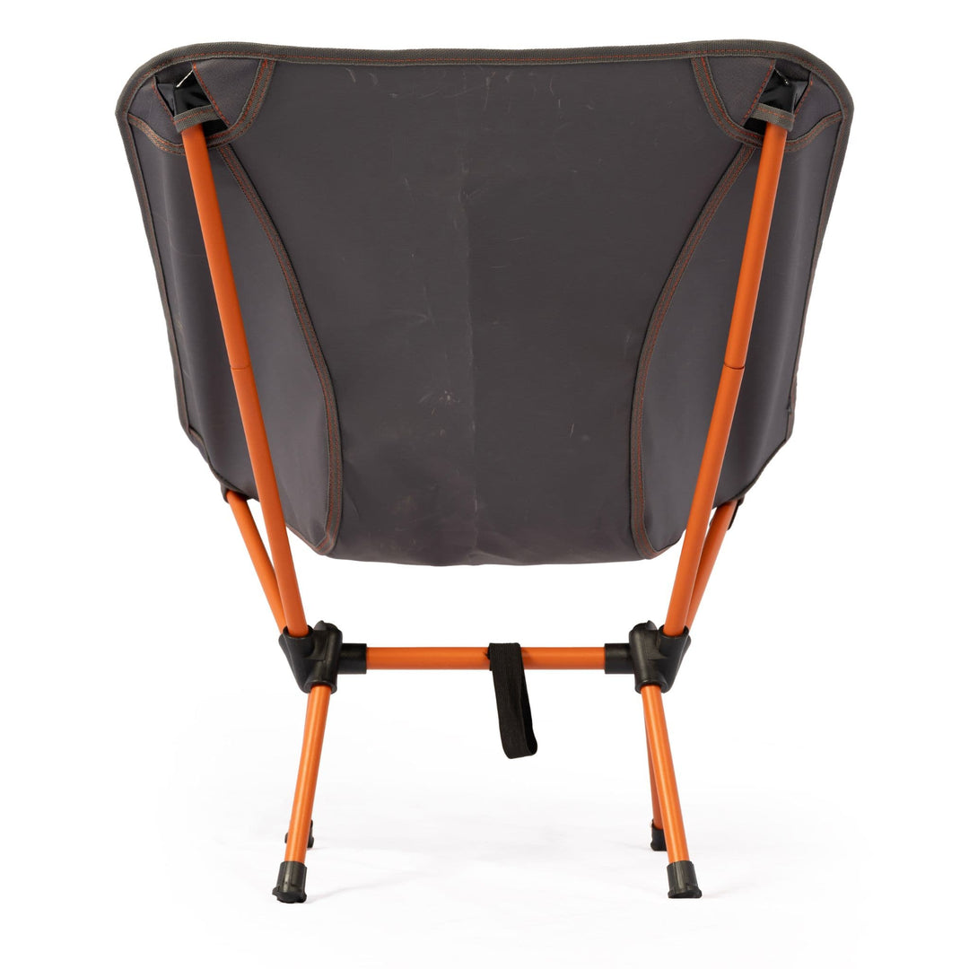 Rear view of the Vango Micro Chair Excalibur, highlighting its sturdy steel frame and folded-back seating structure.