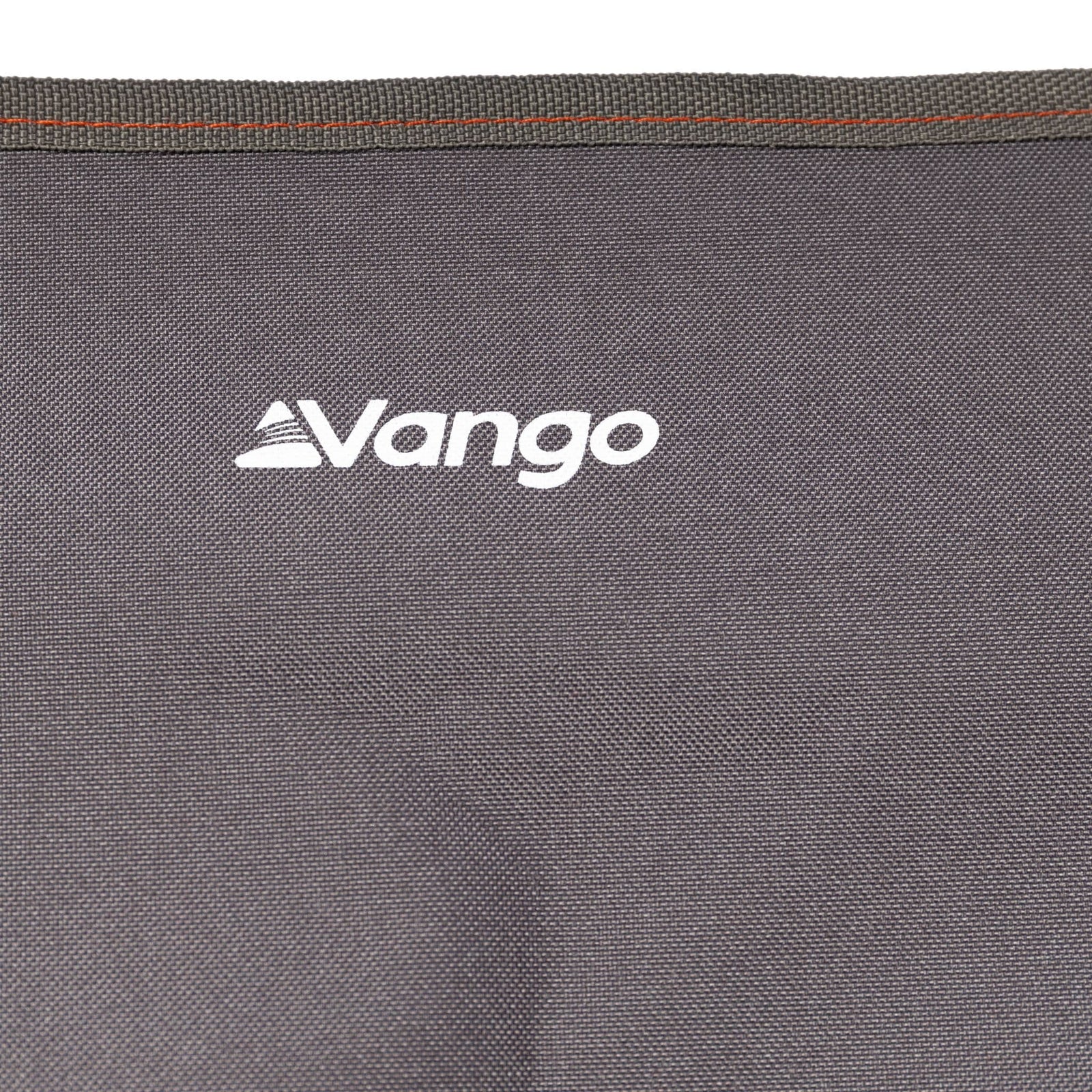 Close-up of the Vango Micro Chair Excalibur’s grey fabric with the Vango logo, highlighting its durable polyester material.