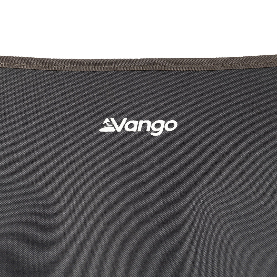 Close-up of the Vango Micro Chair India Ink fabric seat with Vango logo and durable polyester material.