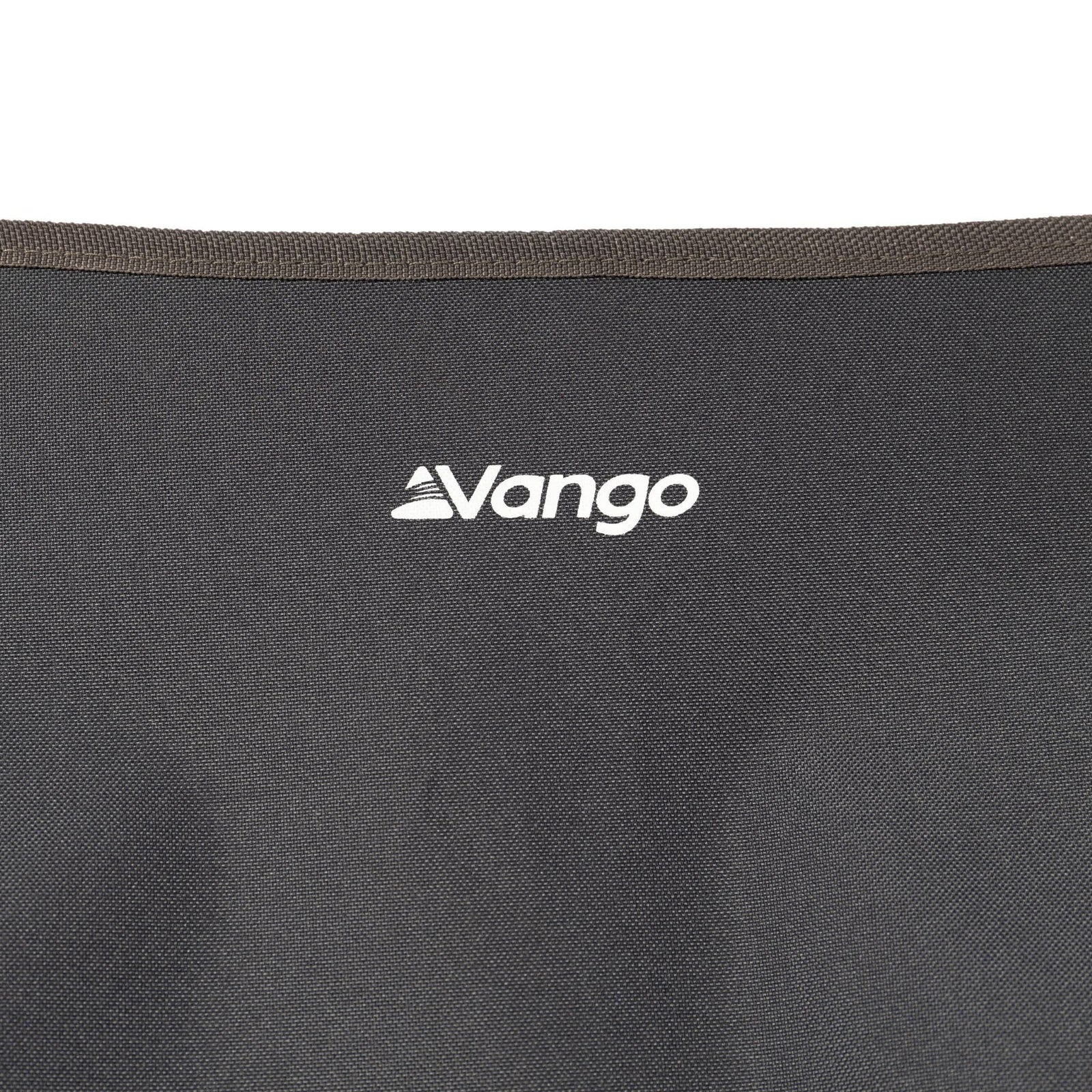 Close-up of the Vango Micro Chair India Ink fabric seat with Vango logo and durable polyester material.