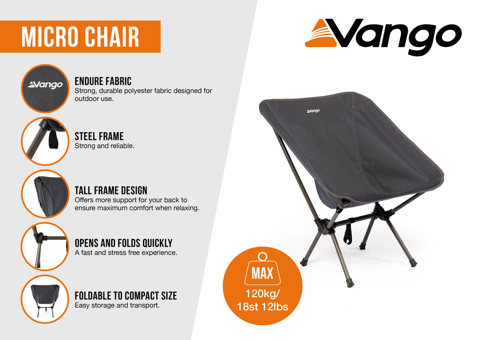 Vango Micro Chair India Ink infographic detailing features like tall frame design, 120kg weight limit, and foldable compact size.