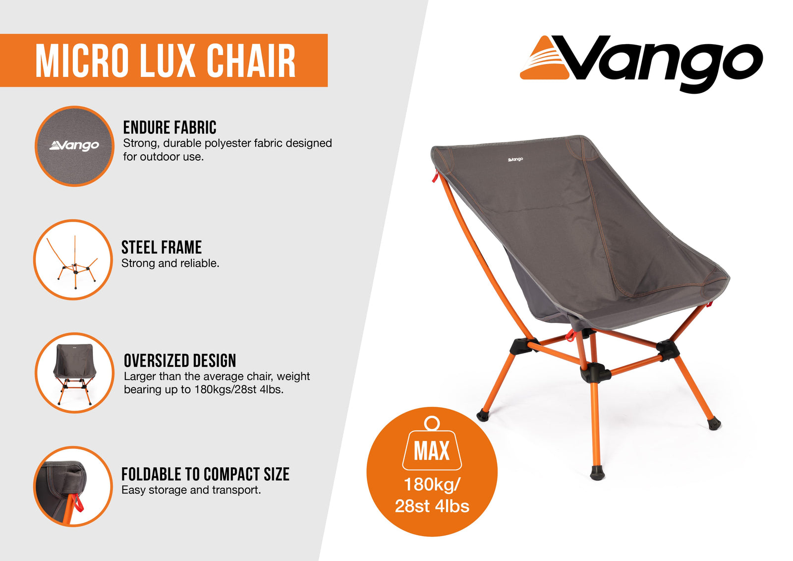 Infographic showing the features of the Vango Micro Lux Chair (Excalibur), including its oversized design, durable fabric, steel frame, and compact foldability.