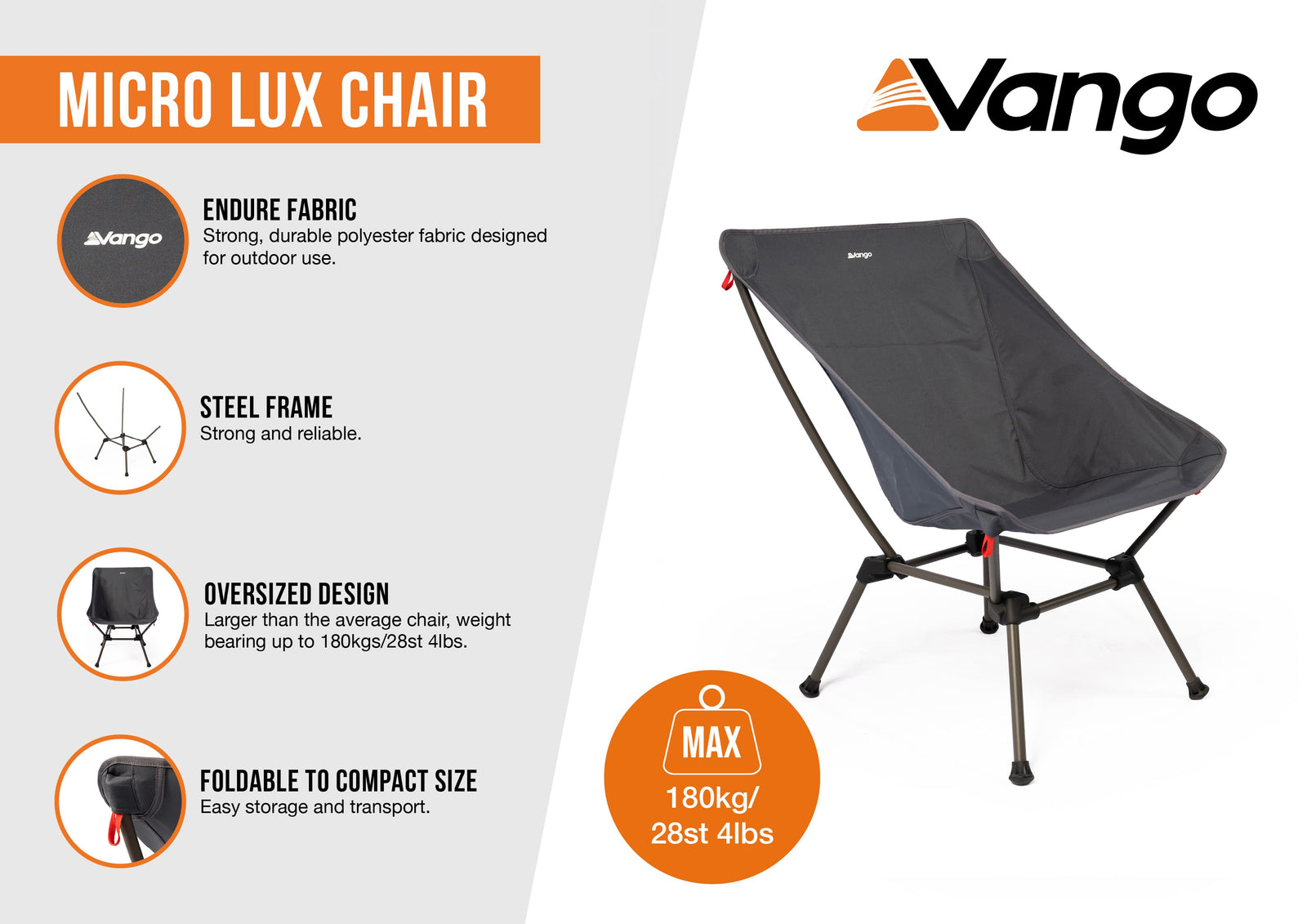 Vango Micro Lux Chair India Ink infographic, listing features like endure fabric, steel frame, oversized design, and compact foldability. Ideal for durable and lightweight outdoor use.