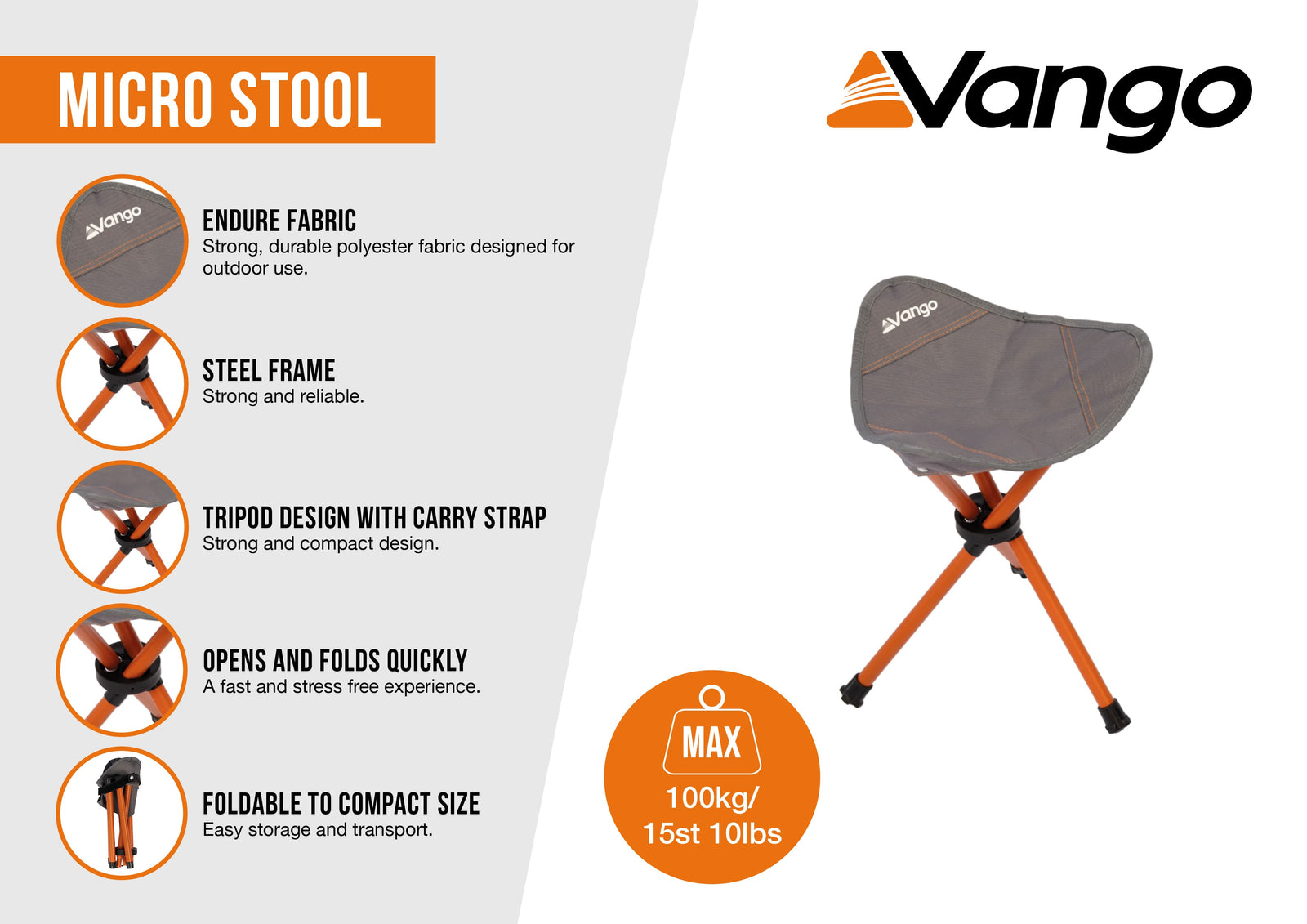 Vango Micro Stool Excalibur infographic highlighting features: lightweight steel frame, durable endure fabric, compact tripod design with carry strap, and quick-fold mechanism, max load 100kg.