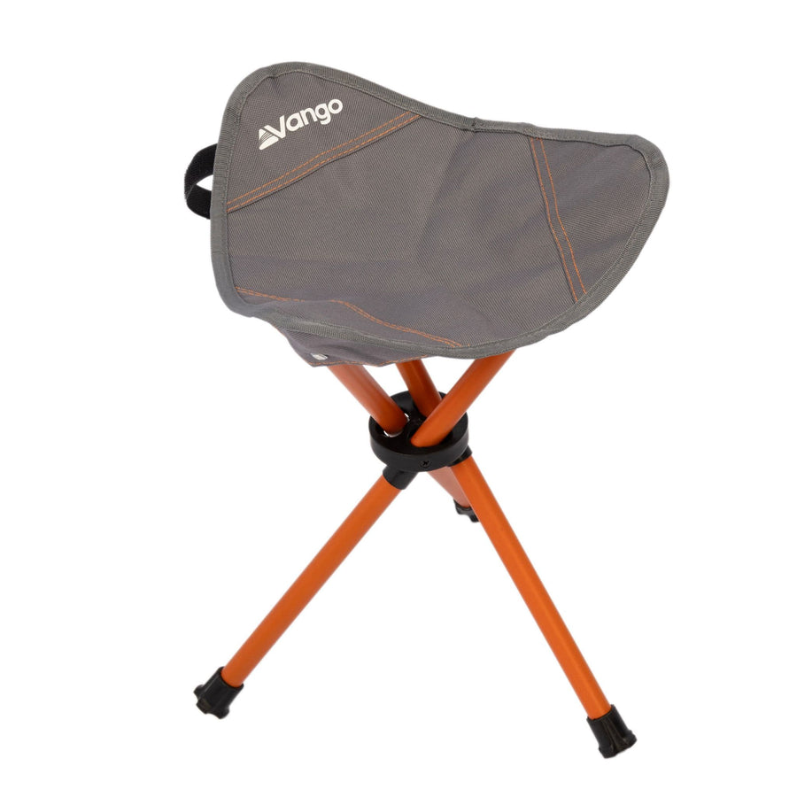 Vango Micro Stool Excalibur - lightweight folding camping stool with a grey fabric seat and durable orange steel legs, ideal for compact outdoor seating.