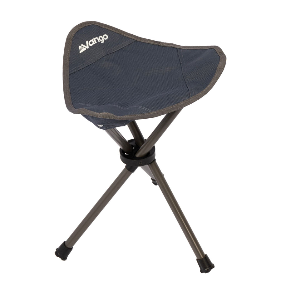 Vango Micro Stool India Ink – infographic showcasing lightweight folding camping stool with steel frame, tripod design, compact size, and carry strap for easy transport.