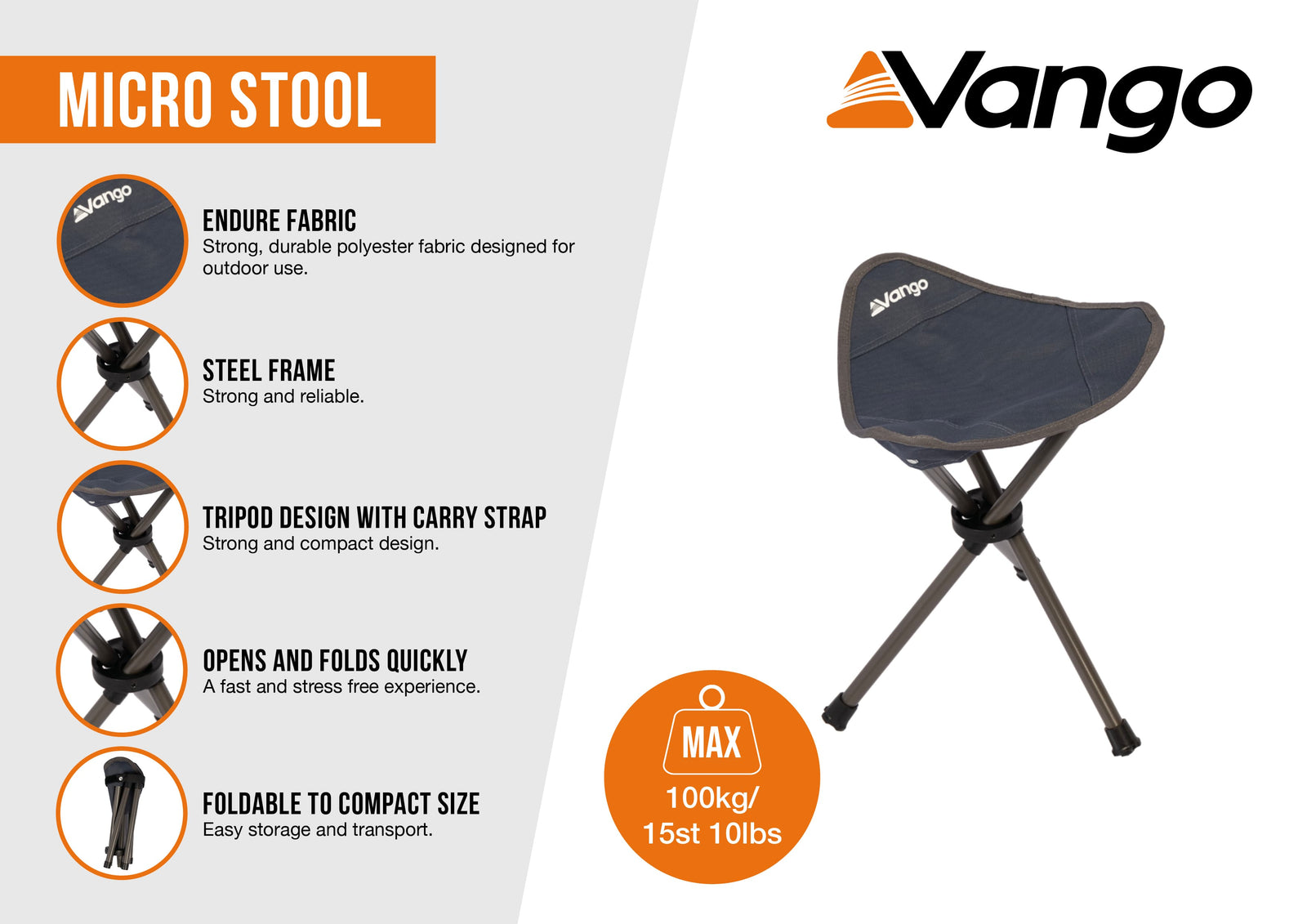 Vango Micro Stool India Ink – infographic showcasing lightweight folding camping stool with steel frame, tripod design, compact size, and carry strap for easy transport.