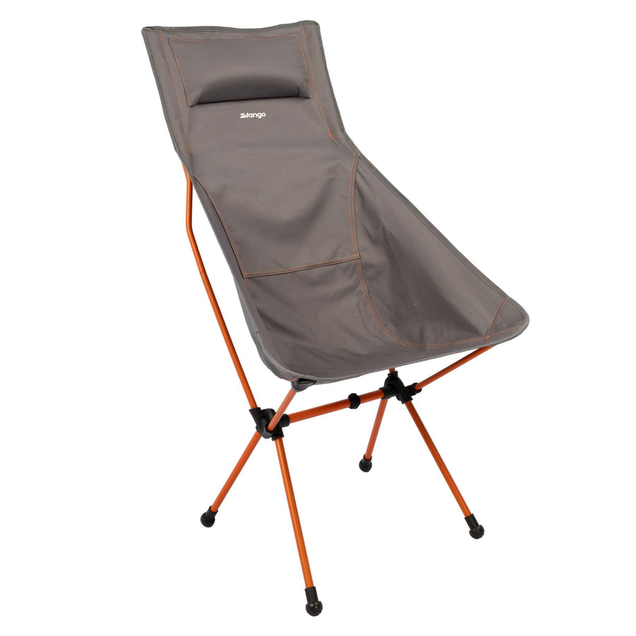 The Vango Micro Tall Chair Excalibur in an angled view, illustrating its tall frame and ergonomic design, perfect for campers seeking a lightweight and comfortable camping chair.