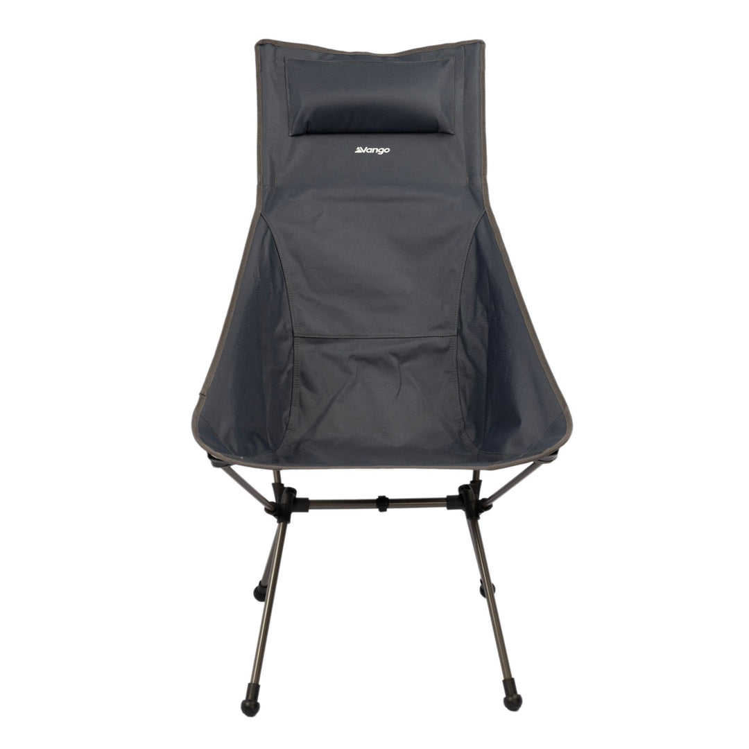 Front View of Vango Micro Tall Chair India Ink – Lightweight camping chair with a tall frame design in India Ink colour, showcasing a durable fabric seat and sturdy steel legs for outdoor use.