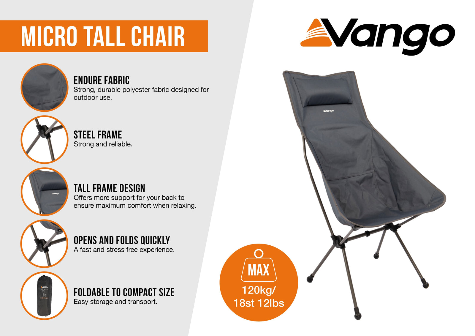 Vango Micro Tall Chair India Ink Infographic – Infographic highlighting the key features of the Vango Micro Tall Chair: durable fabric, steel frame, tall frame design, compact foldability, and a weight capacity of 120kg/18st 12lbs.