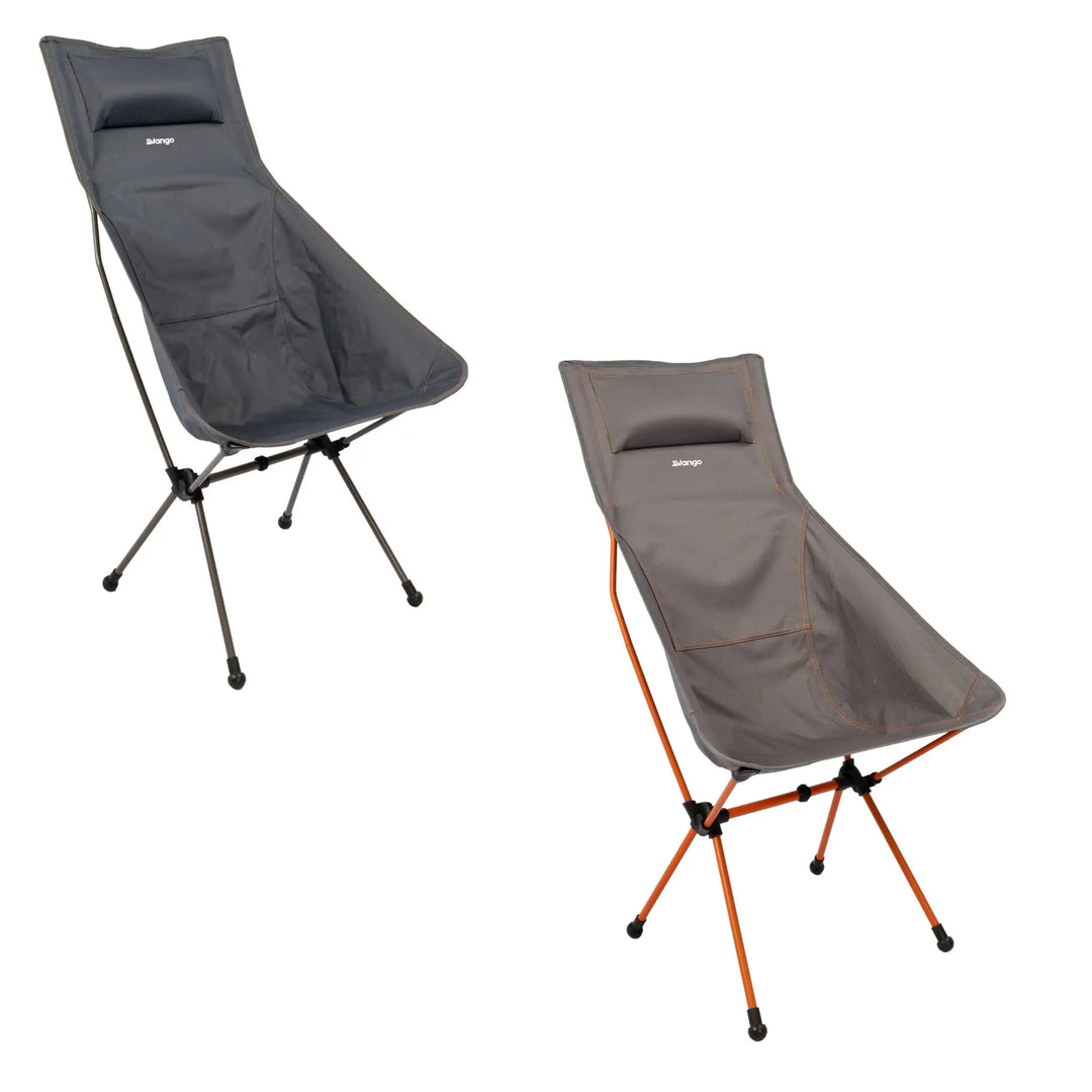 Two Vango Micro Tall chairs, India ink colour and the excalibur, on a white background.