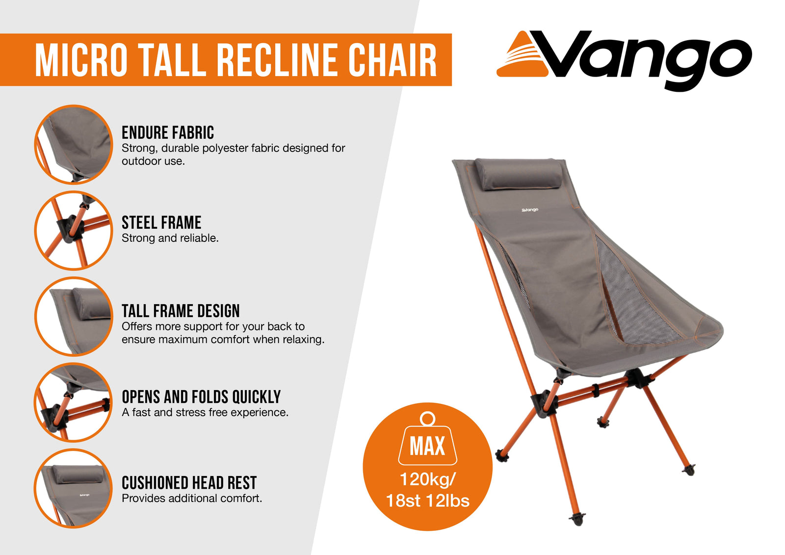 Infographic showcasing the Vango Micro Tall Recline Chair (Excalibur) with features like a lightweight aluminium frame, tall backrest for support, durable outdoor fabric, and portability for camping trips.