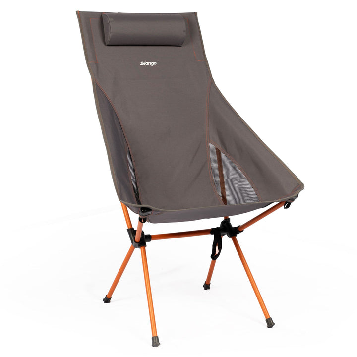 Front angled view of the Vango Micro Tall Recline Chair (Excalibur), highlighting its adjustable reclining position and compact foldable design for easy transport.