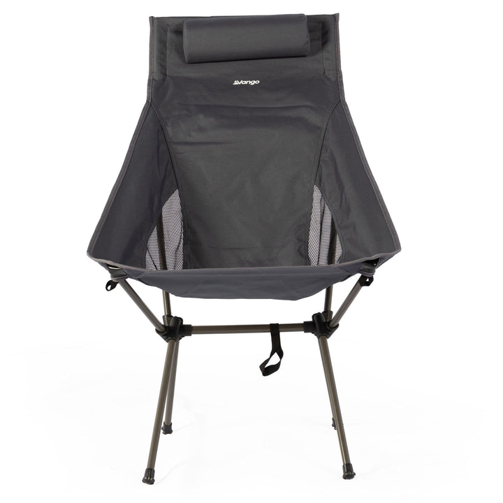 Front view of the Vango Micro Tall Recline Chair (India Ink), highlighting the tall back design with breathable mesh sides for added comfort during camping trips.