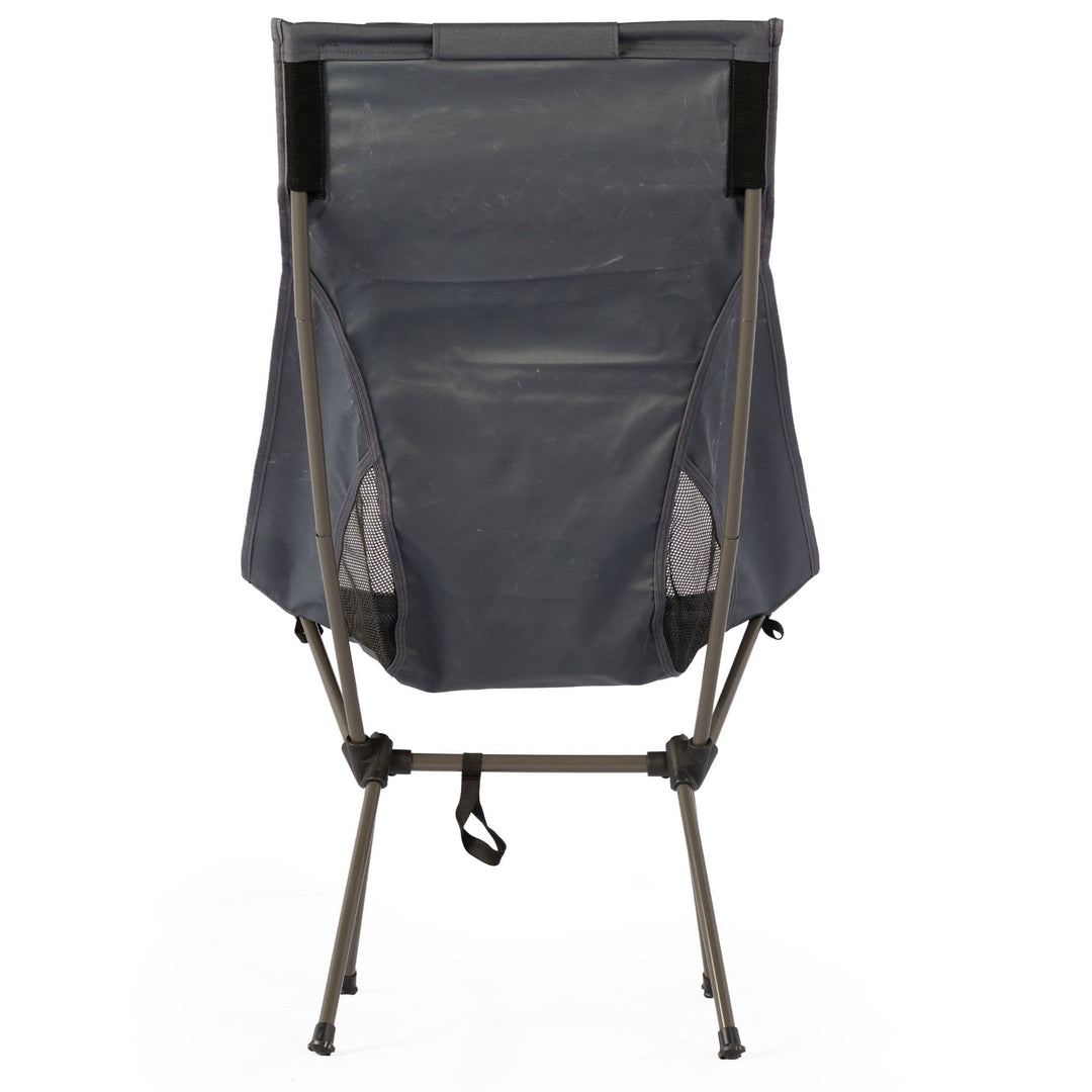 Rear view of the Vango Micro Tall Recline Chair (India Ink), displaying the sturdy and durable outdoor fabric and support structure, perfect for versatile camping use.