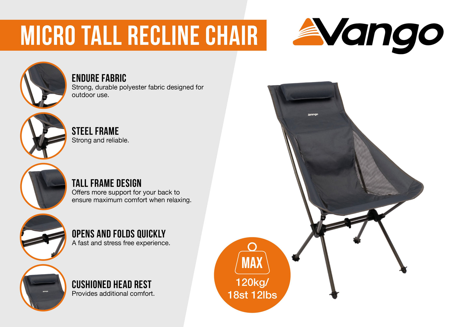 Vango Micro Tall Recline Chair (India Ink) infographic highlighting key features like the cushioned headrest, tall back design, and durable aluminium frame, ideal for campers seeking a comfortable and adjustable camp chair.