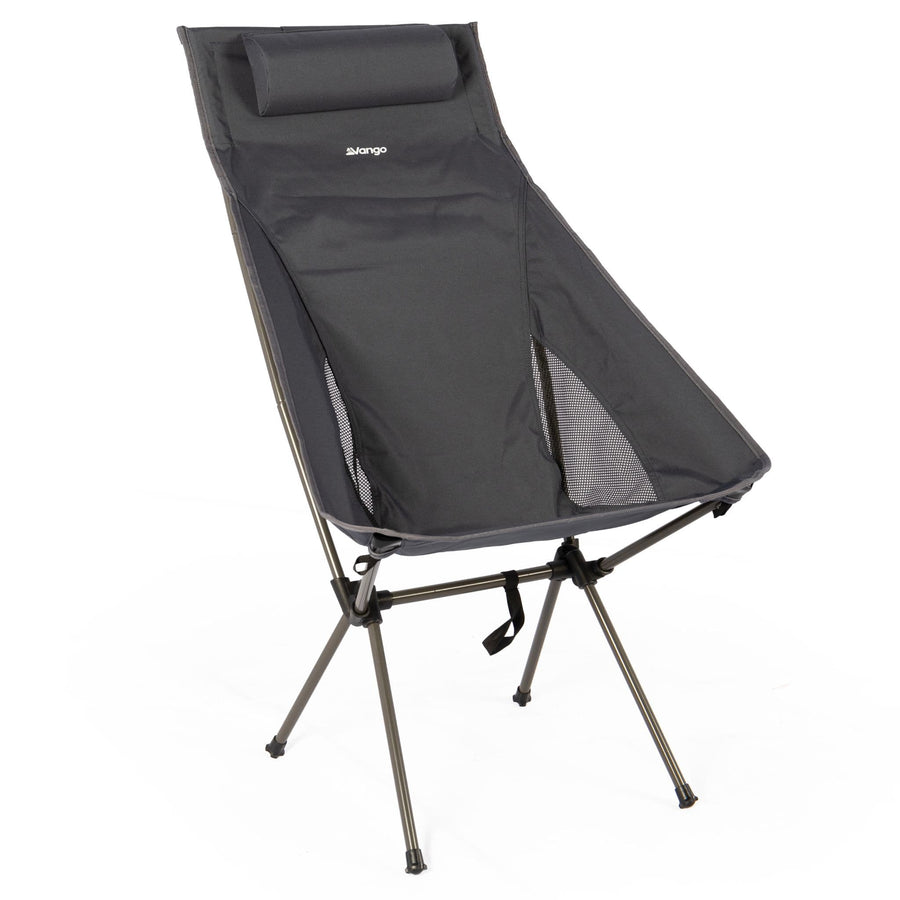 Vango Micro Tall Recline Chair (India Ink) shown from a front side angle, showcasing its lightweight steel frame and cushioned headrest, ideal as a portable camping chair for outdoor relaxation.