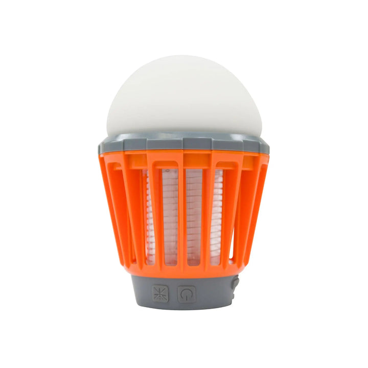 Vango Midge 180 Insect Zapper with LED light in orange and grey, ideal for camping, providing 180 lumens and rechargeable functionality.