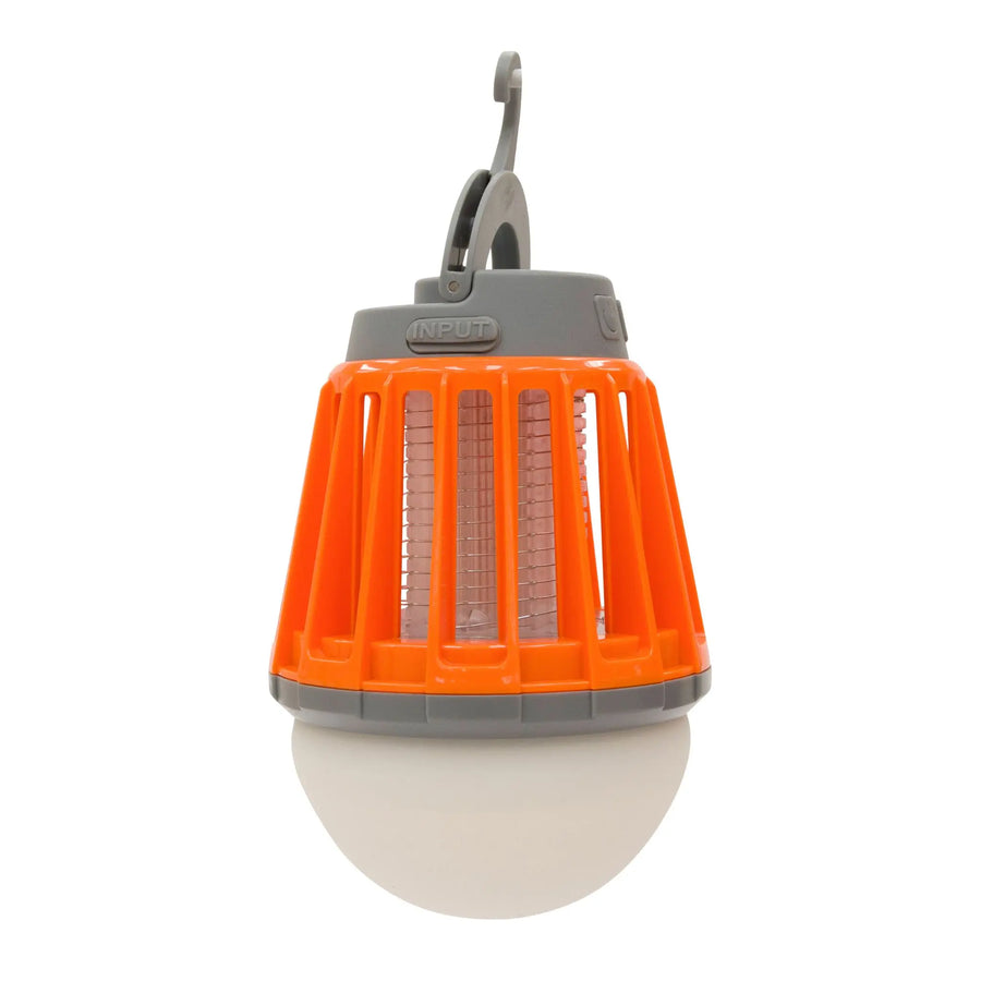 Vango Midge 180 Camping Light showcasing features including Insect Zapper, LED light, and 180 lumens output with compact design and USB rechargeable battery.