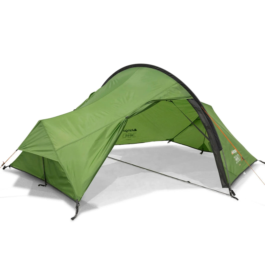 Side view of the Vango Nevis 300 tent canvas with its open entrance, perfect for backpacking and small group trekking.