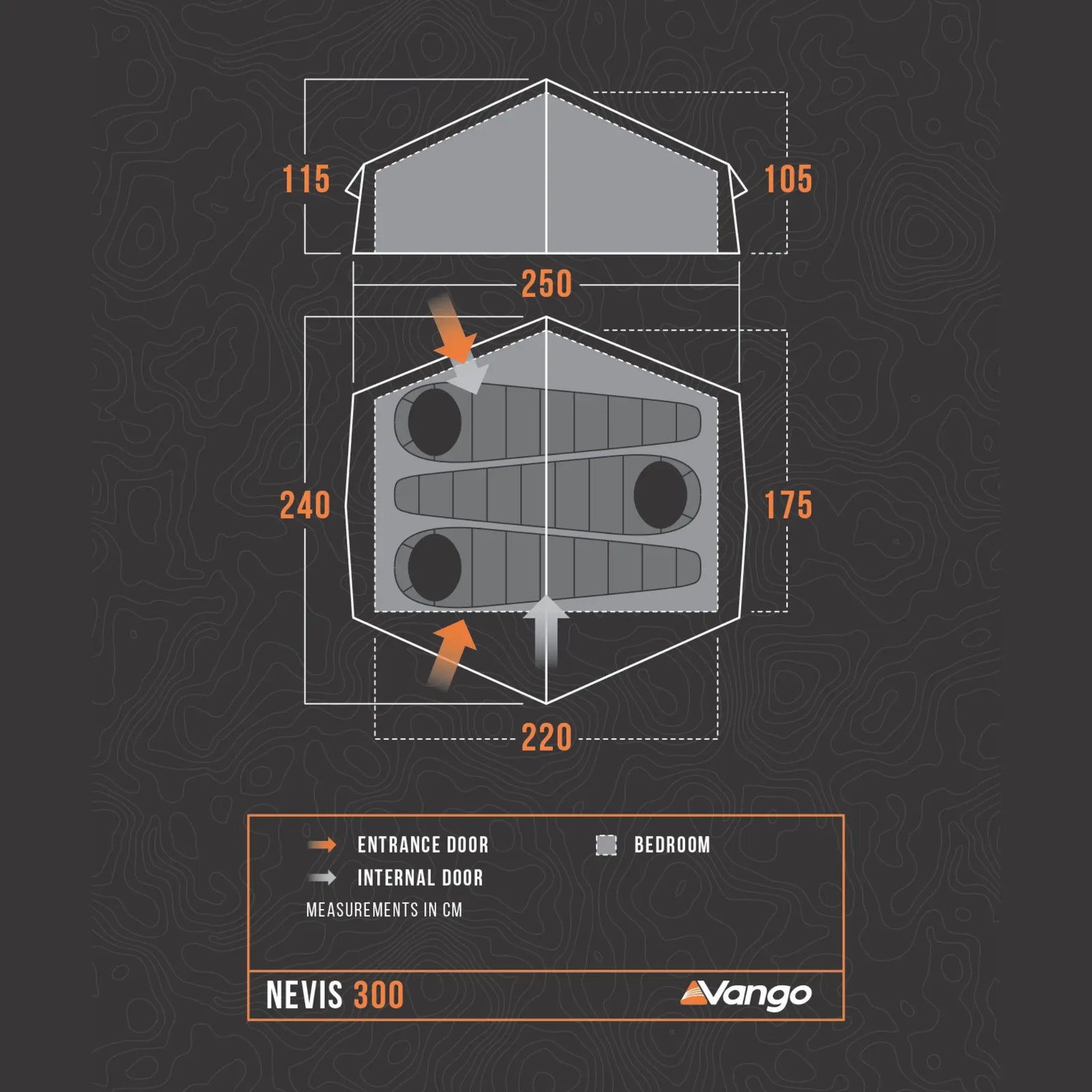 Floorplan of the Vango Nevis 300 tent, illustrating its compact interior layout for backpacking and trekking.