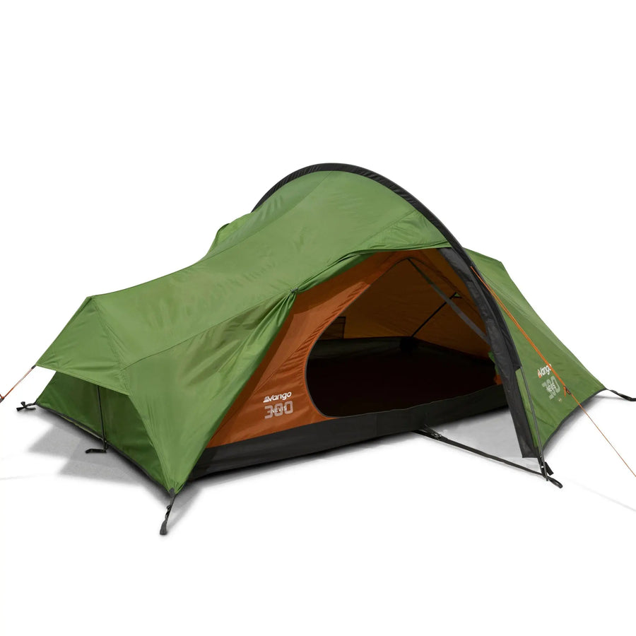 Vango Nevis 300 tent for backpacking and trekking, featuring a lightweight design with a compact pack size in green and orange.