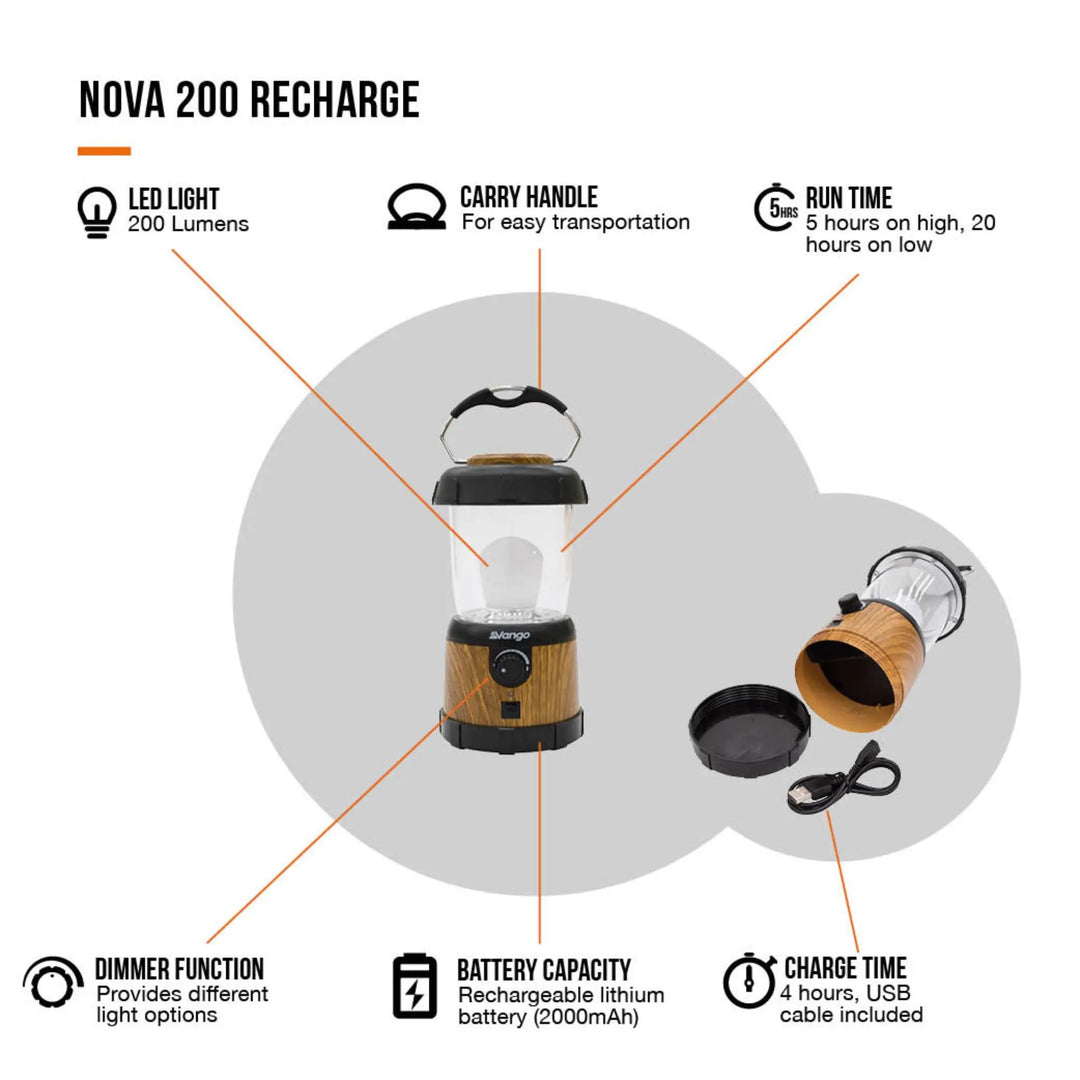 Vango Nova 200 Recharge Lantern features infographic