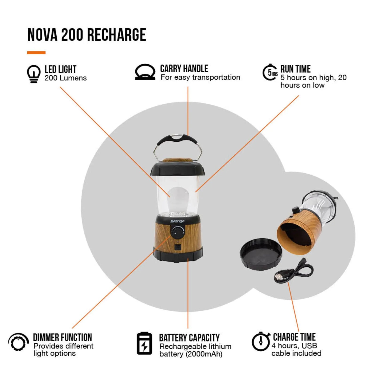 Vango Nova 200 Recharge Lantern features infographic