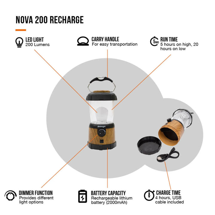 Vango Nova 200 Recharge Lantern features infographic