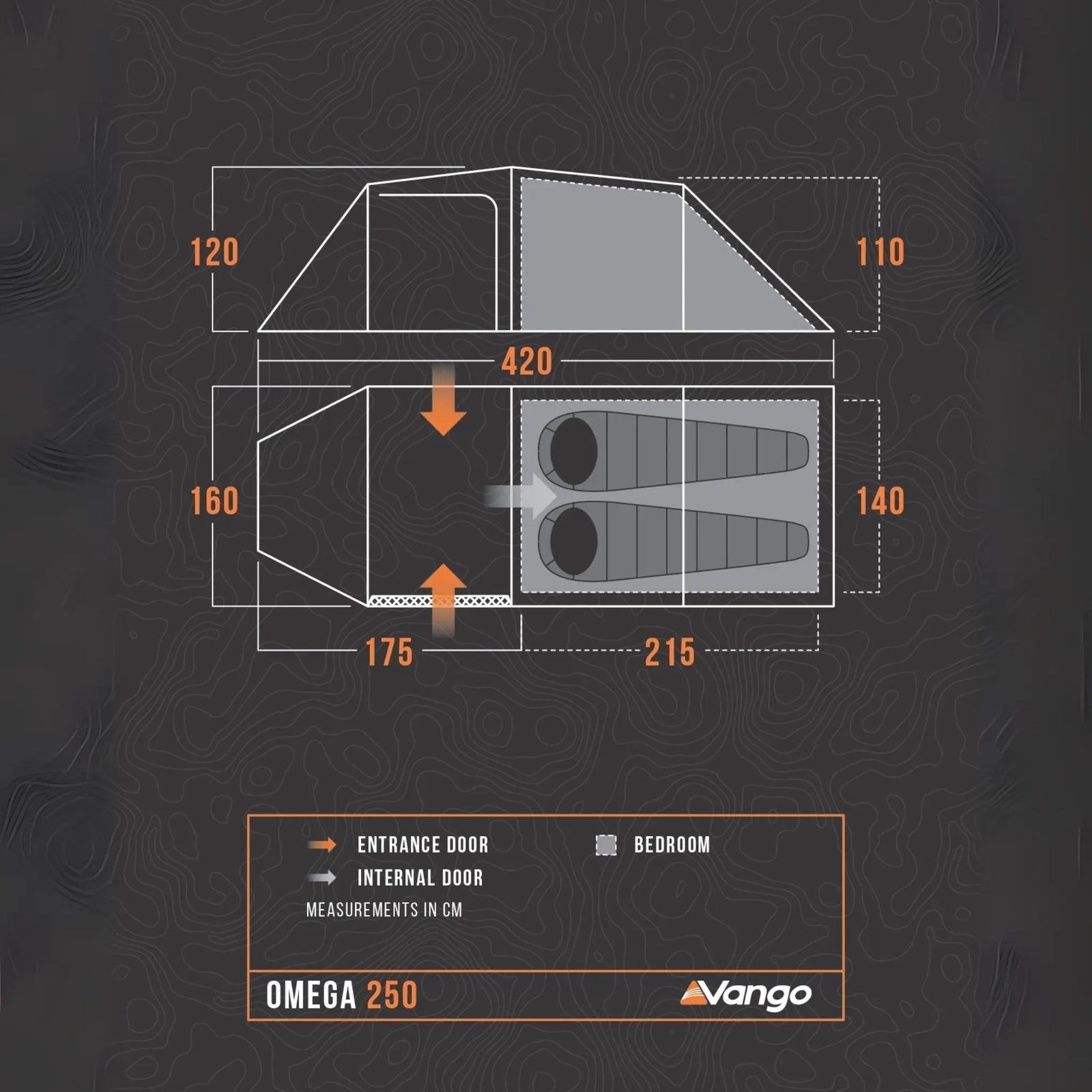 Vango Omega 250 Tent 2025 Floorplan with dimensions.
