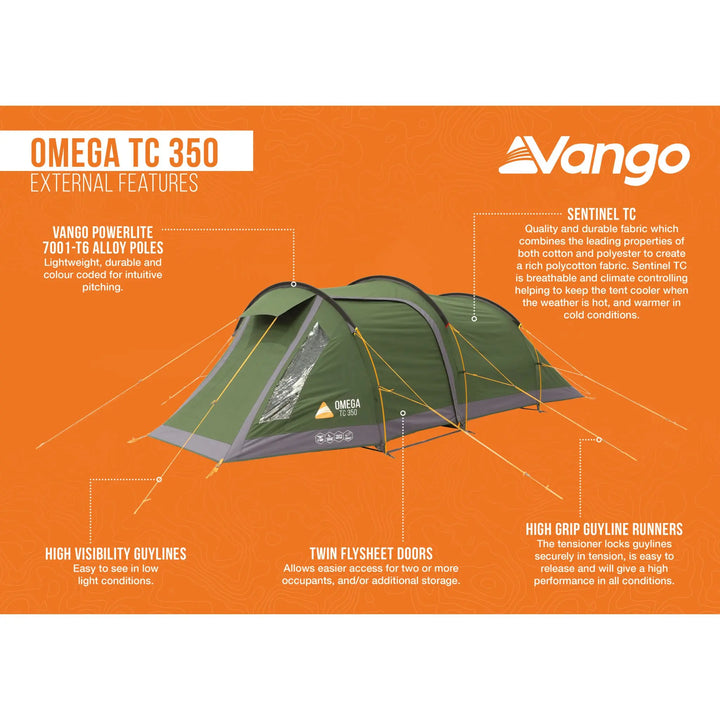 Promotional infographic for the Vango Omega TC 350 tent, showing a green and gray tent on an orange background with text callouts detailing external features like twin flysheet doors, high visibility guylines, and the Sentinel TC rainfly.