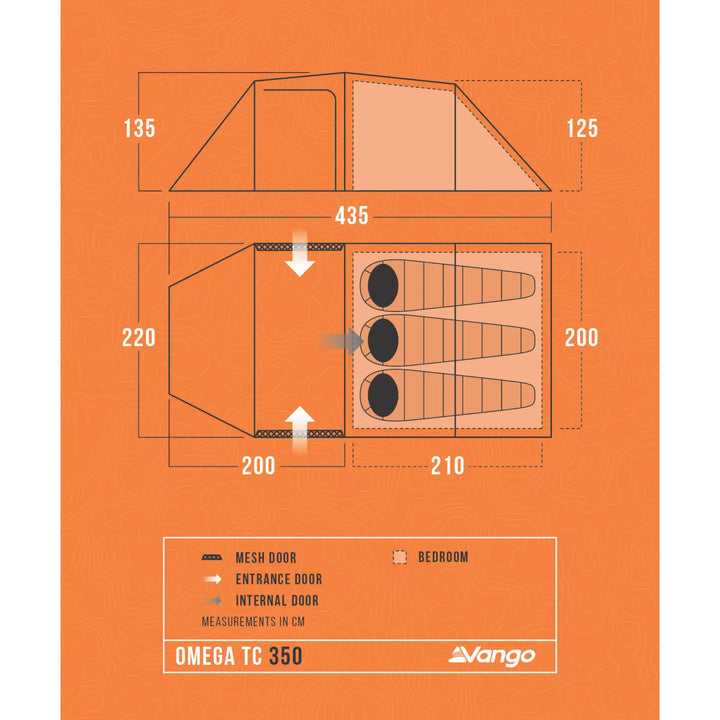 Technical dimension diagram of the Vango Omega TC 350 tent on an orange background, showing front and side measurements with labels for mesh door, entrance door, internal door, and bedroom.