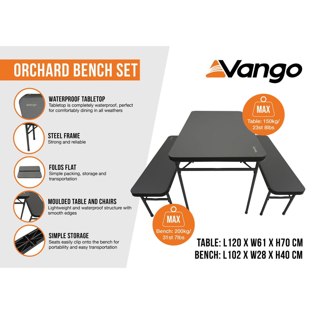 Vango Orchard Bench Set with infographic explaining features such as waterproof tabletop, durable steel frame, and flat folding storage for compact packing.