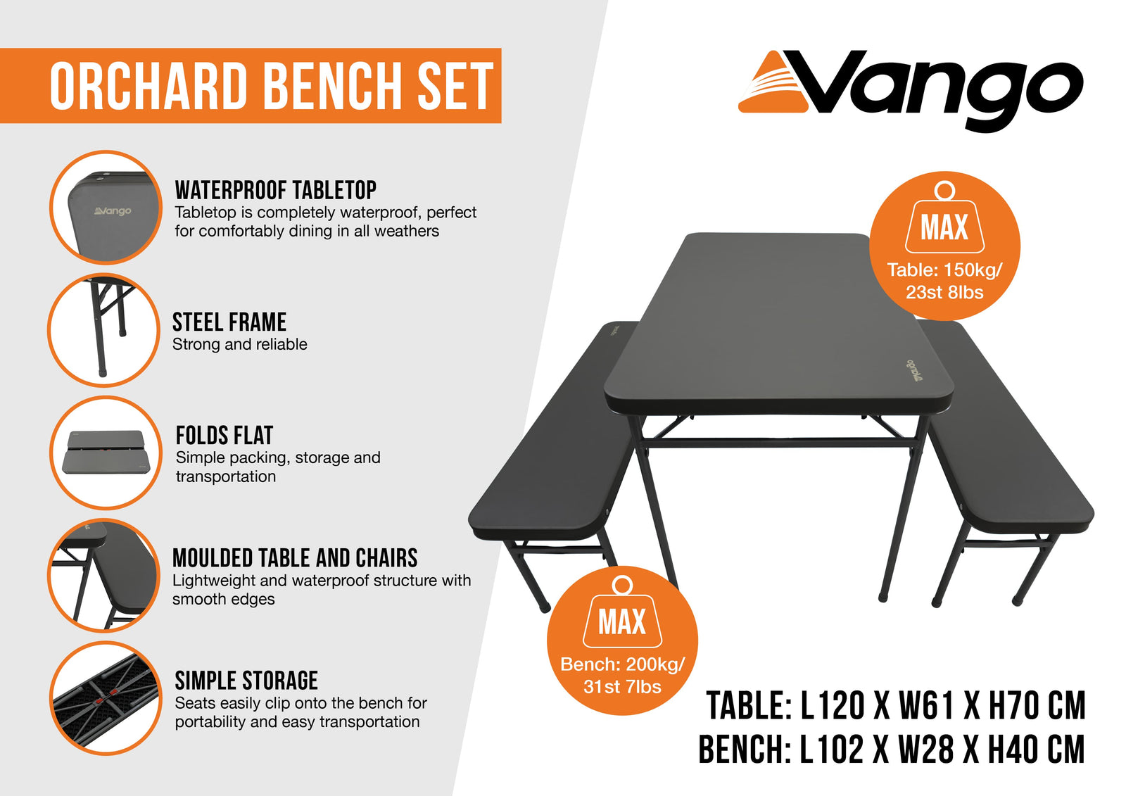 Vango Orchard Bench Set with infographic showcasing key features including waterproof tabletop, steel frame, flat folding design, moulded table and chairs, and simple storage. Compact camping bench set with table dimensions L120 x W61 x H70 cm and bench dimensions L102 x W28 x H40 cm.