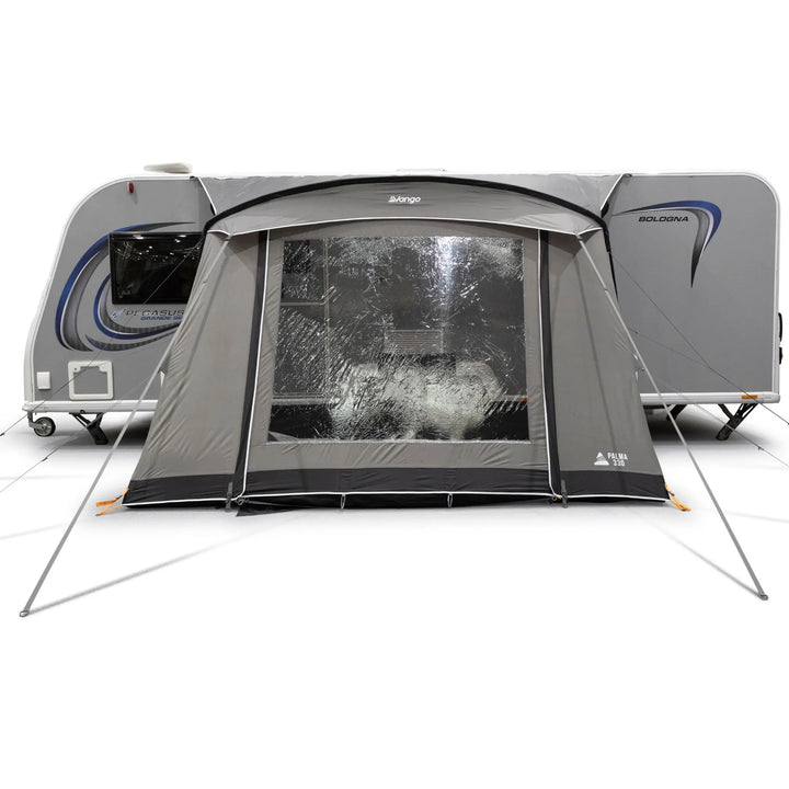 Vango Palma 330 Poled Caravan Awning front view with curtains open