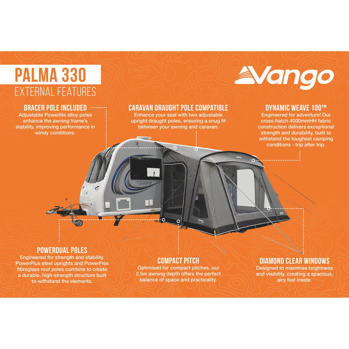 Promotional infographic for the Vango Palma 330 External Features, showing a white and gray caravan with callout lines and text detailing included features like the brace pole, caravan draught pole compatibility, Dynamic Weave 100T, powerdual poles, compact pitch, and diamond clear windows, set against an orange background.