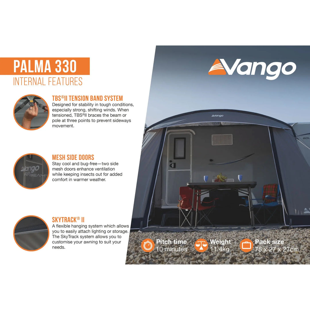 Vango Palma 330 Internal Features promotional graphic showing a caravan awning setup with text callouts for TBS II tension band system, mesh side doors, and Skytrack II, plus product specs at the bottom.