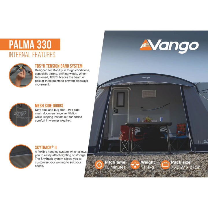 Vango Palma 330 Internal Features promotional graphic showing a caravan awning setup with text callouts for TBS II tension band system, mesh side doors, and Skytrack II, plus product specs at the bottom.