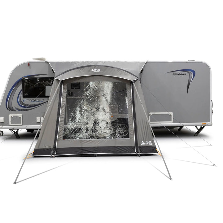 Vango Palma Air 260 Caravan Awning front view with curtains down.